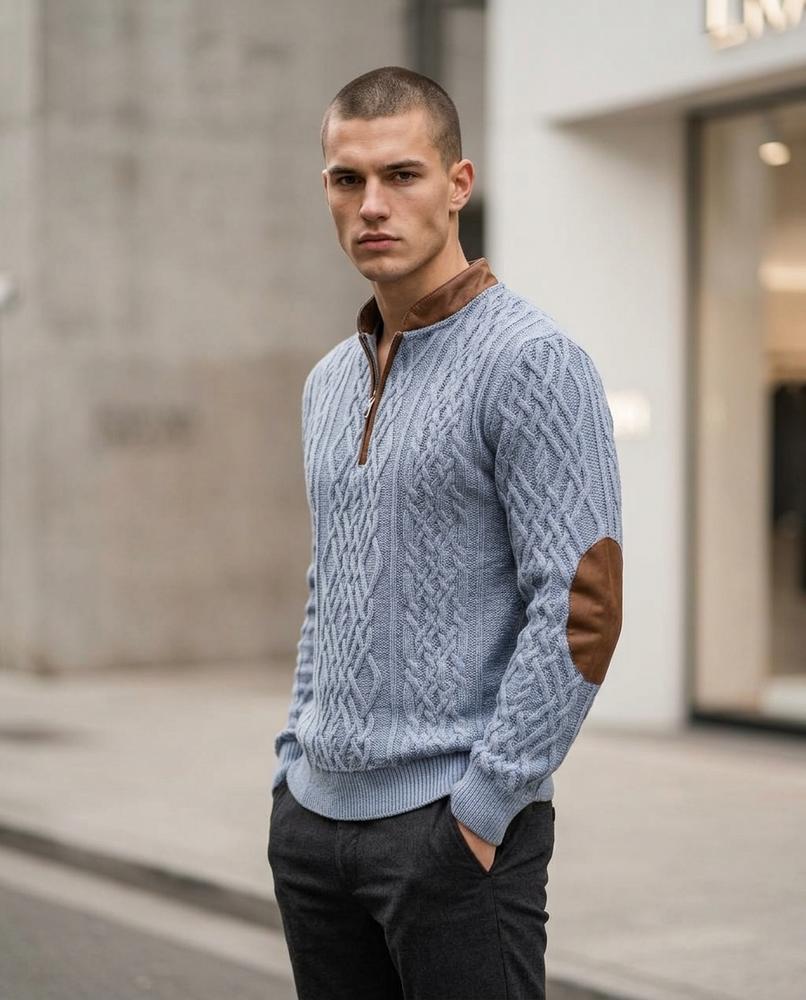 Statement Street - Detor | Zopfgestrickt Lederbesetzt Pullover Herren