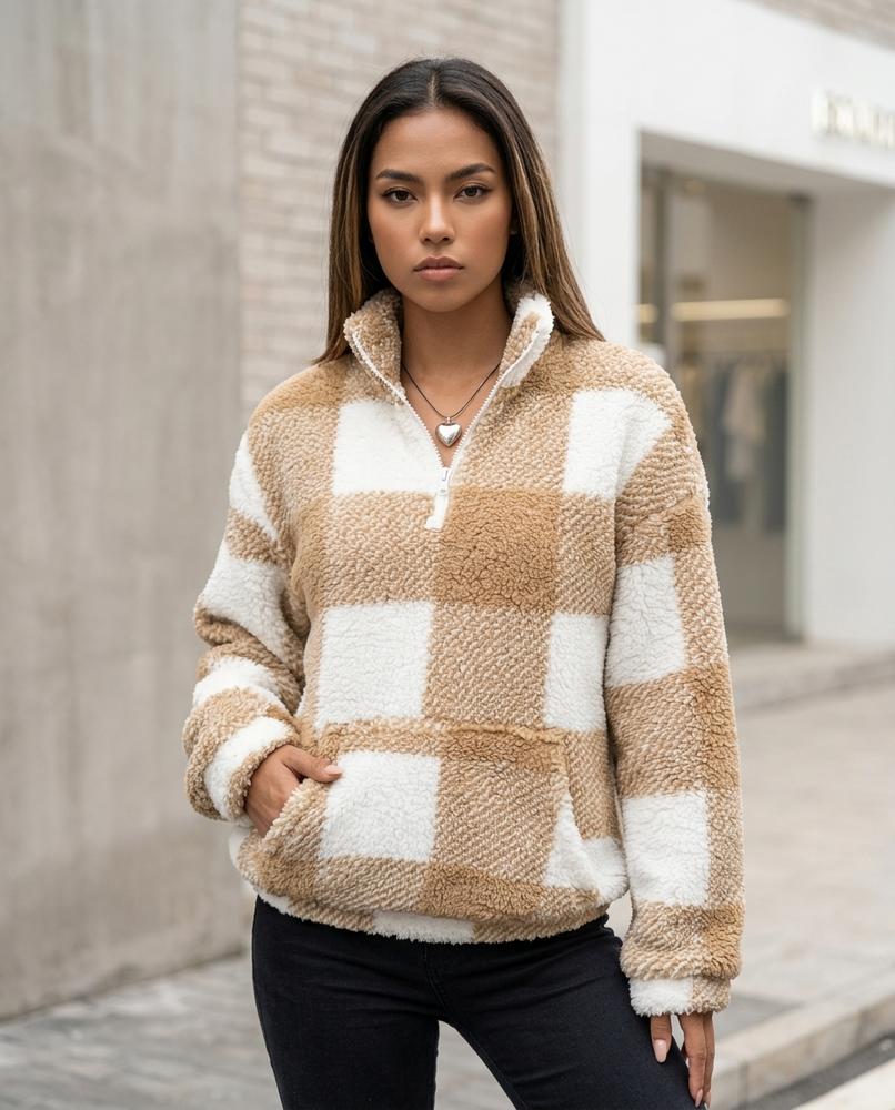 Statement Street - Yozur | Kariert Teddy Pullover Damen